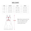 Size chart for floral print long suspender dress with measurements in cm/in, showing length, bust, and waist.