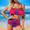Ladies' ruffled top bikini swimsuit in vibrant pattern, high-waisted design, perfect for beach outings.