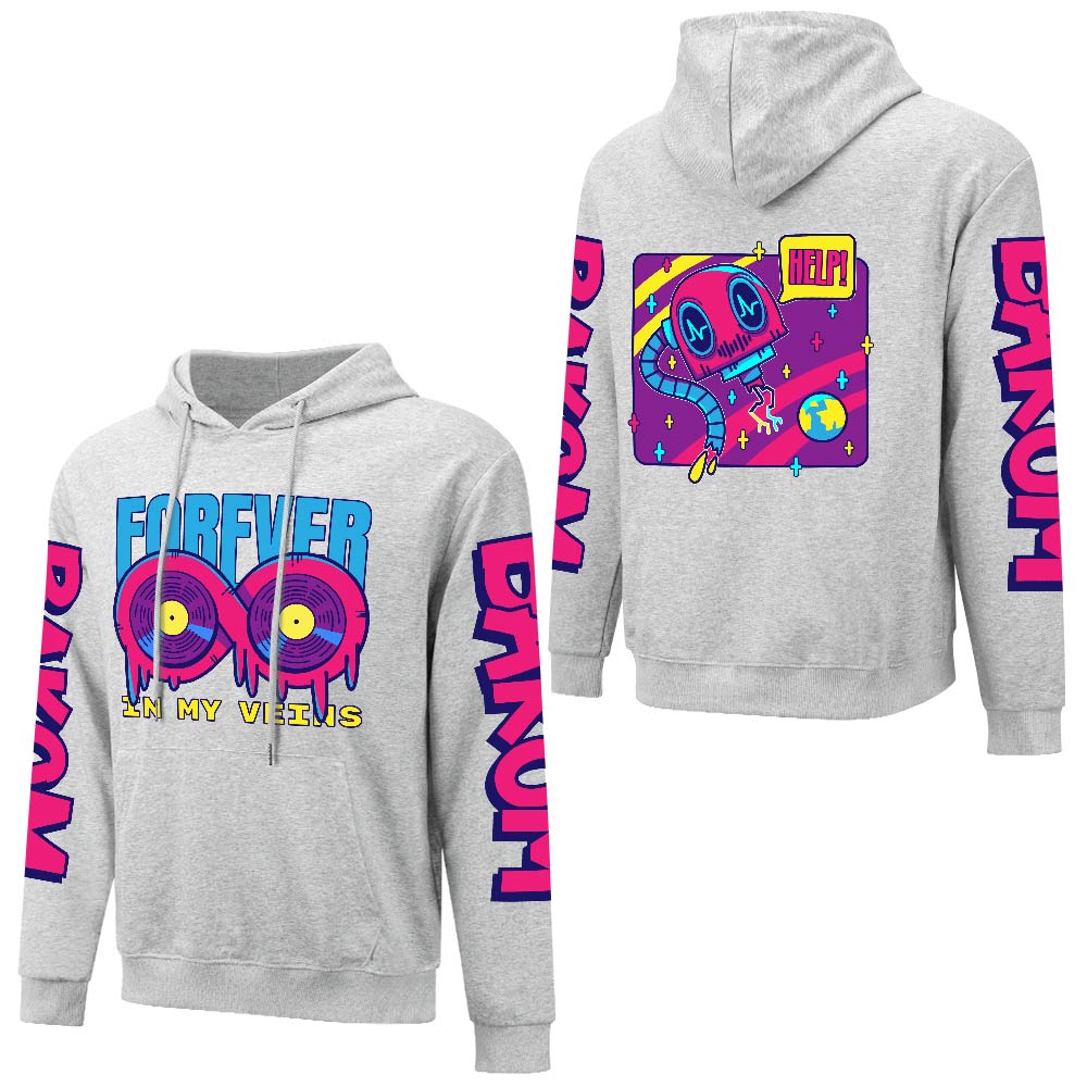 White cotton hooded sweater with 'FOREVER 99' donut graphic, sleeve prints, youth fashion style.