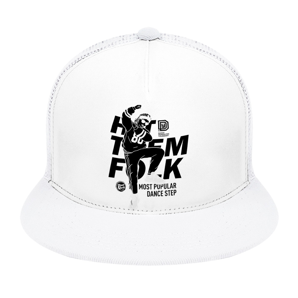 White baseball cap with flat brim featuring a black graphic and mesh back for breathability.