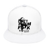 White baseball cap with flat brim featuring a black graphic and mesh back for breathability.