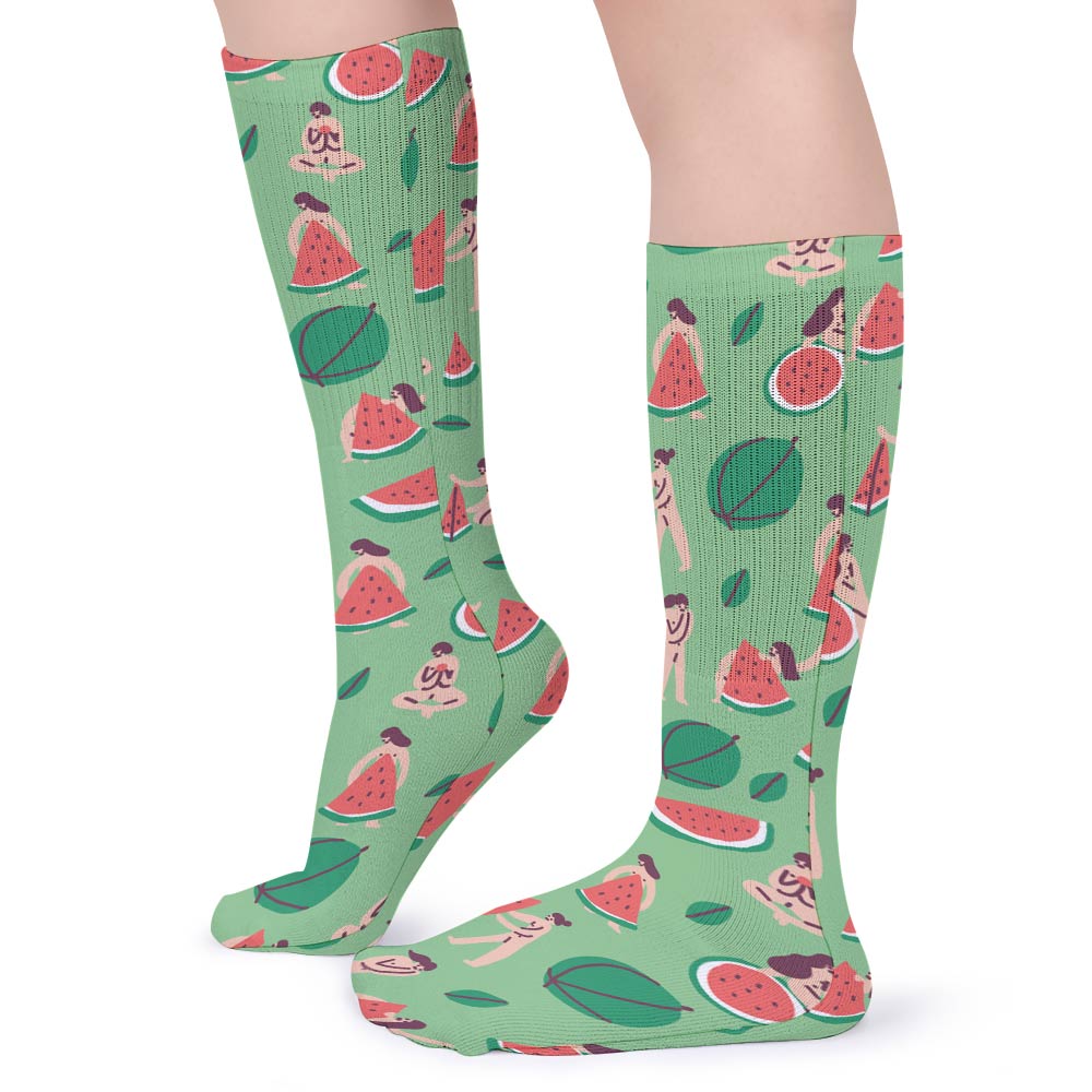 Breathable stockings with watermelon pattern, moisture-wicking for comfort and style.