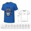 Royal blue cotton samurai skull men's T-shirt with size chart, ideal for leisure and events.