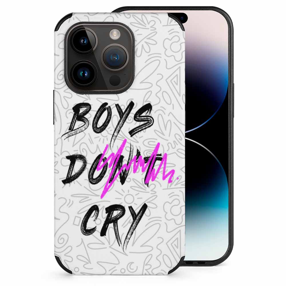 iPhone 14 fiber skin case featuring 'Boys Don't Cry' graphic, white microfiber, scratch-resistant.