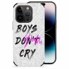 iPhone 14 fiber skin case featuring 'Boys Don't Cry' graphic, white microfiber, scratch-resistant.
