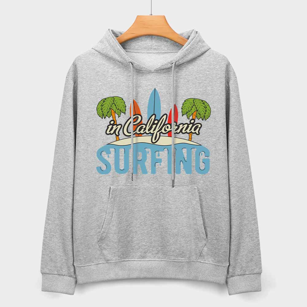 Grey cotton hoodie with CALIFORNIA SURFING graphic. Loose fit design for daily wear.