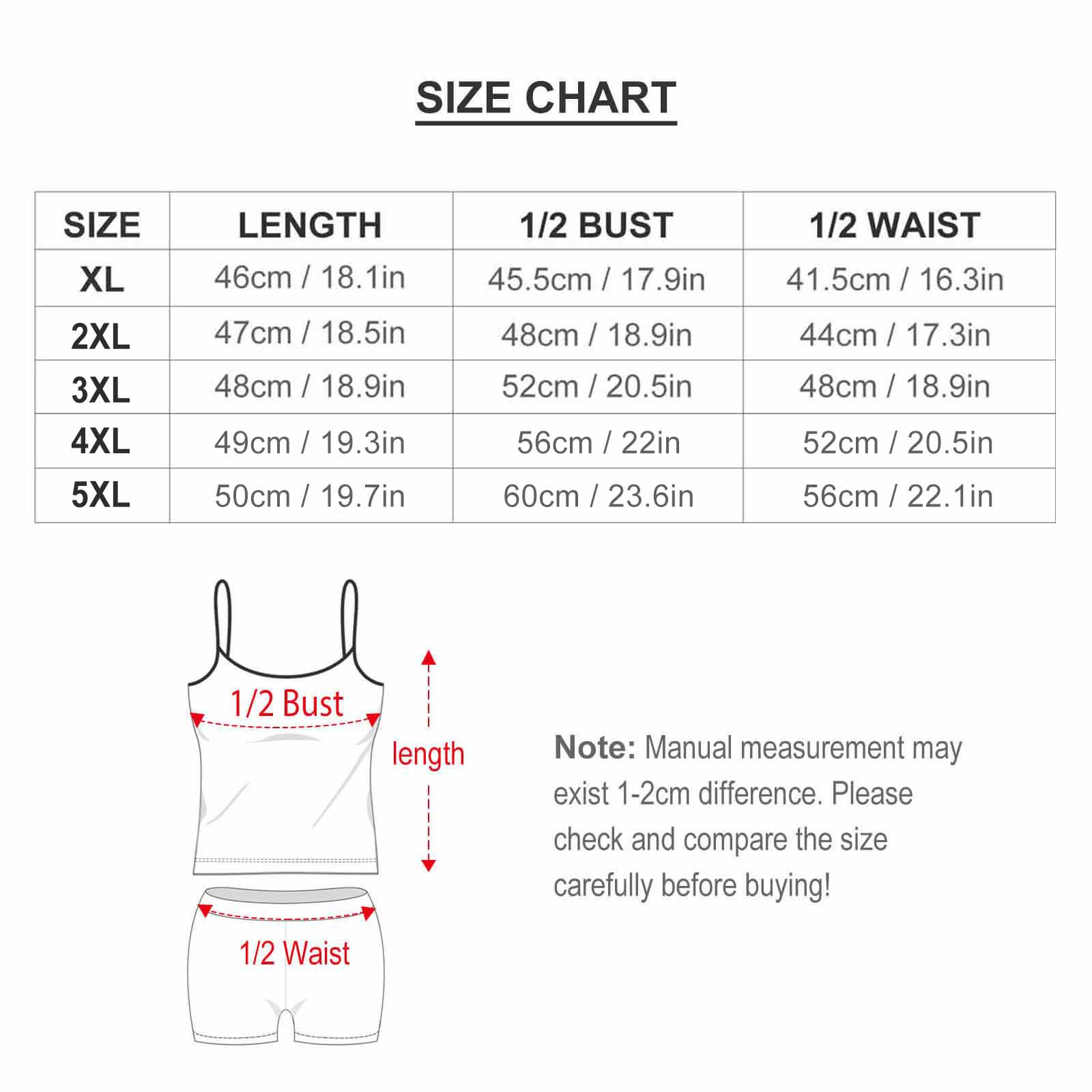 Split swimsuit size chart for busty models, measuring length, bust, and waist in cm/in.