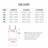 Split swimsuit size chart for busty models, measuring length, bust, and waist in cm/in.