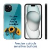 iPhone 15 case with sunflowers and inspirational quote "Be your own kind of beautiful", glass and TPU protection.