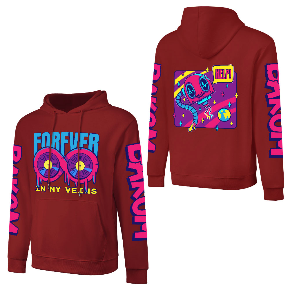 Red hooded sweater with 'FOREVER 99' design, sleeve prints, for fashion.