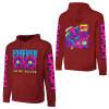 Red hooded sweater with 'FOREVER 99' design, sleeve prints, for fashion.