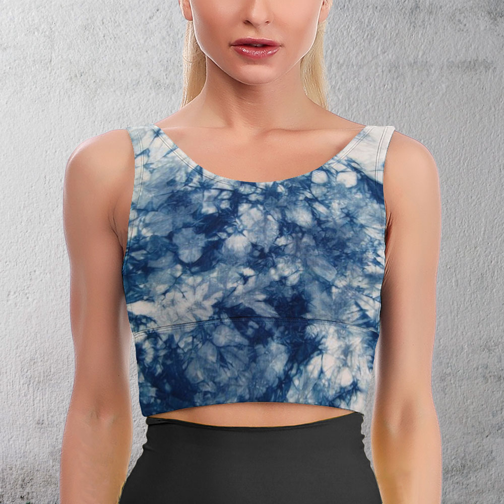 Women's blue tie-dye sports bra, comfortable and breathable for yoga and fitness.