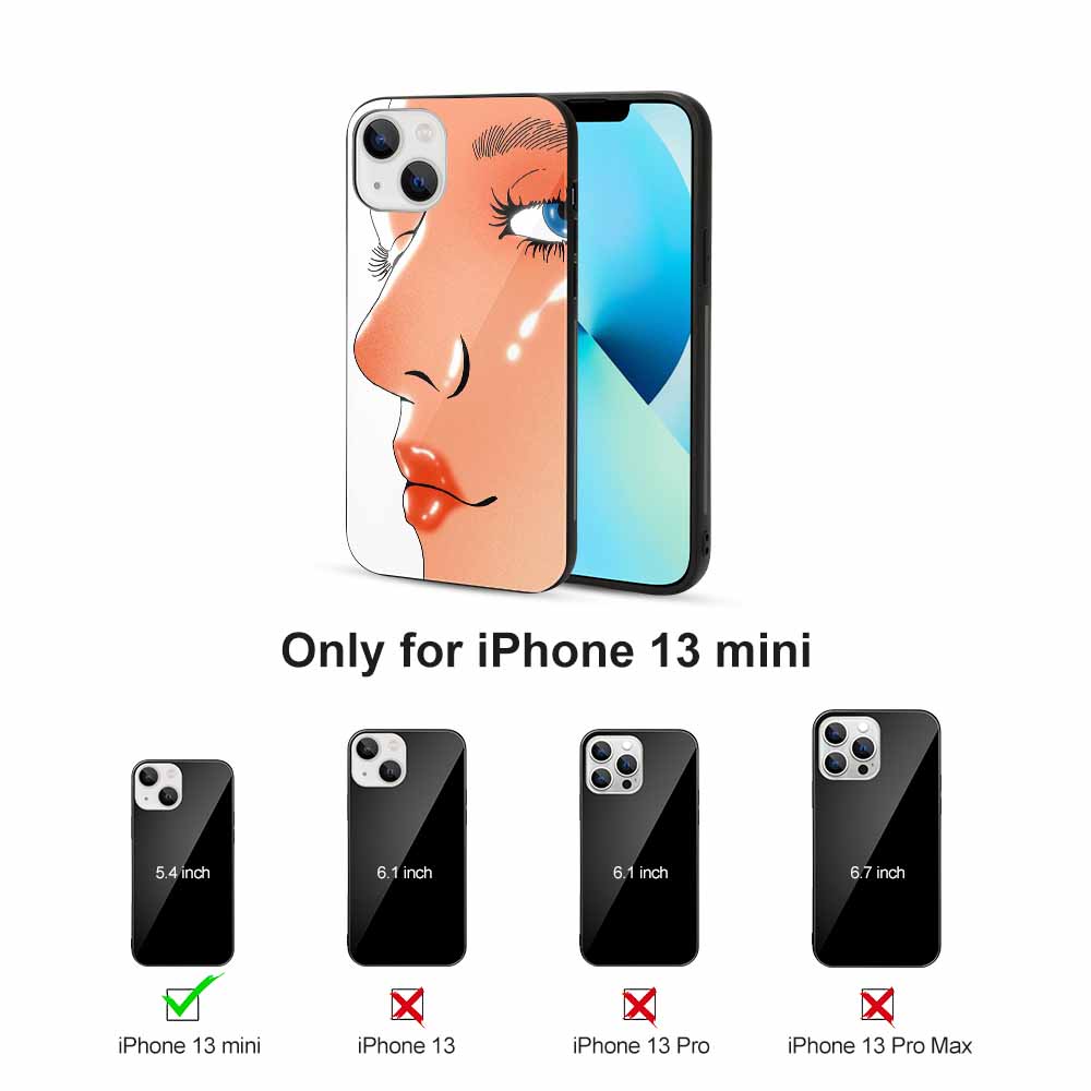iPhone 13 glass case with artistic face design, supports wireless charging and scratch protection