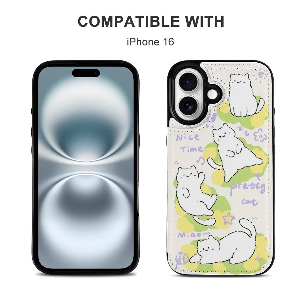 iPhone 16 case with cartoon bear design, card slot, and 360° protection, TPU leather cover, compatible with iPhone 16