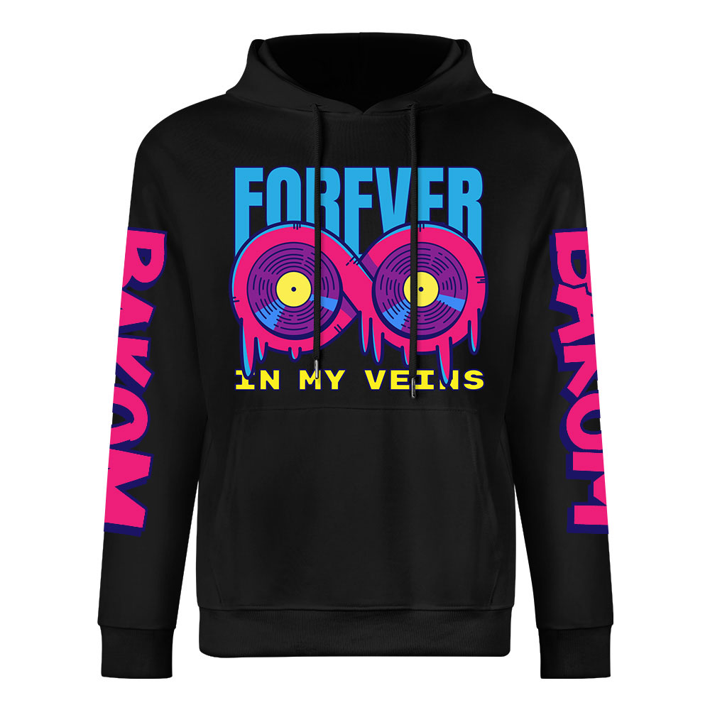 Black cotton 'FOREVER' hoodie with donut graphic, DAKUM sleeve prints, youth fashion