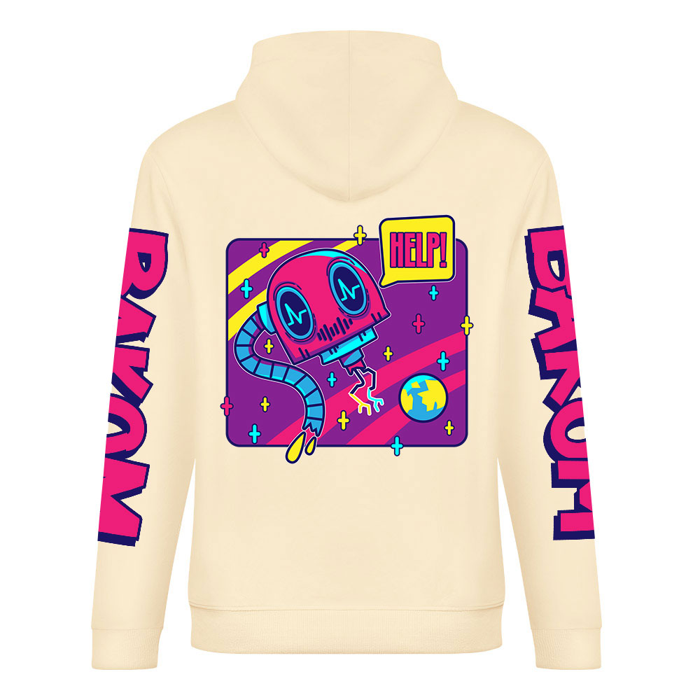 Cream cotton hoodie with FOREVER 99 donut graphic and LIQUID sleeve prints, youth fashion style