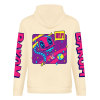Cream cotton hoodie with FOREVER 99 donut graphic and LIQUID sleeve prints, youth fashion style
