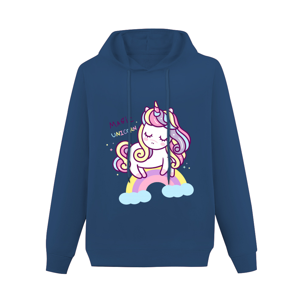 Navy blue unicorn hoodie sweatshirt for women, cotton blend fleece, comfortable fit. Sweet Dreams design.