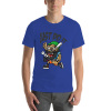 Blue men's cotton T-shirt with cartoon graphic design, 'Just Do It' print, breathable fabric.