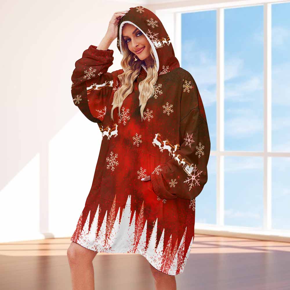 Red and white Women's Hooded Blanket Shirt, soft polyester, ideal for warmth and comfort.