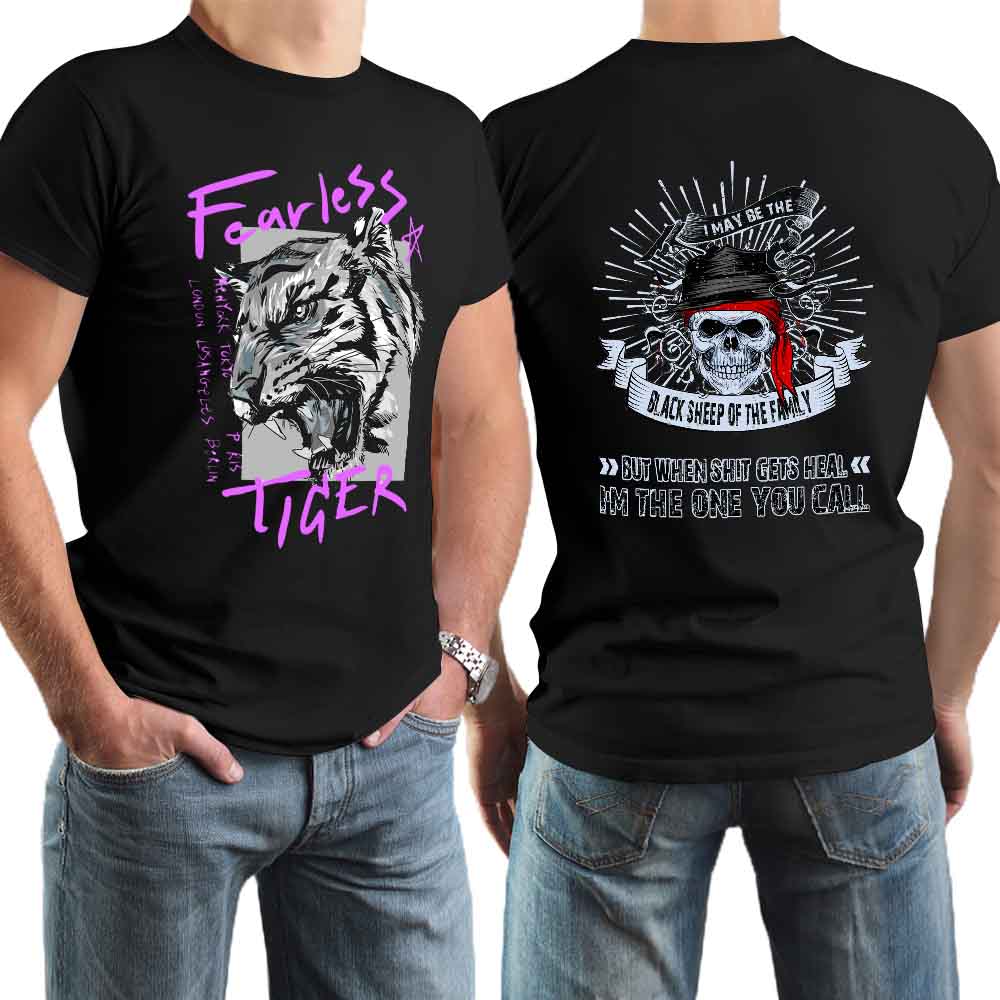 Men's black 100% cotton T-shirt featuring the 'Fearless Tiger' graphic print in front, and the skull pattern on the back.