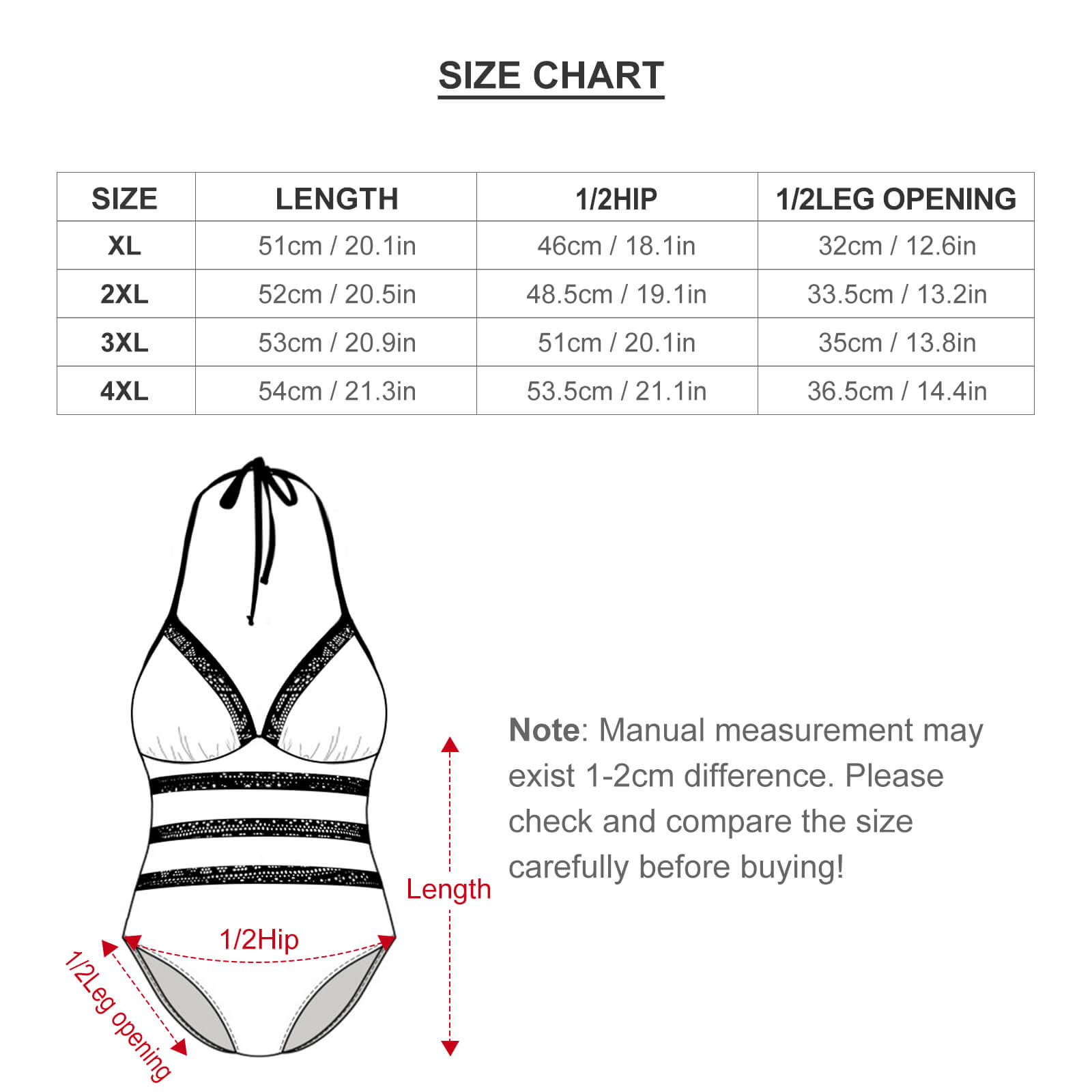 Plus Size Bikini Swimsuit Size Chart. Detailed measurements for length, bust, and leg width.