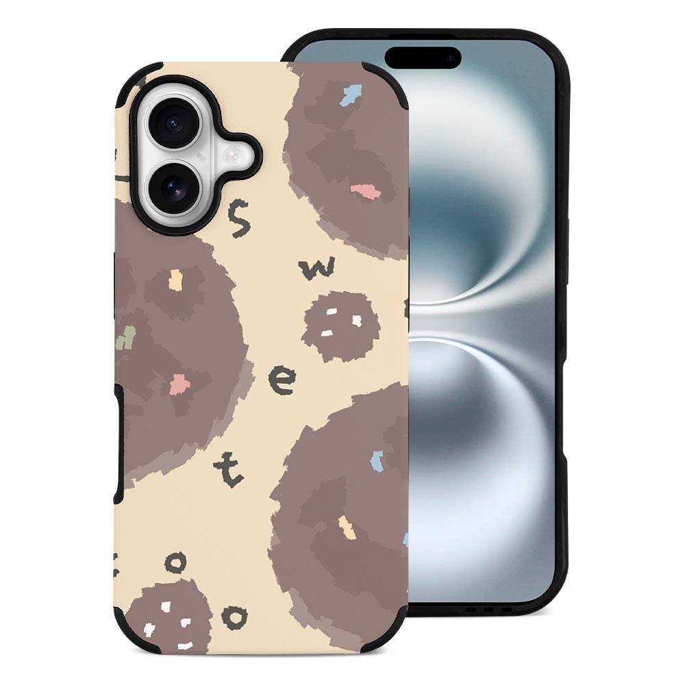 iPhone 16 Fiber Skin Case with brown circle pattern, featuring 'sweet' text, protects against scratches