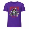Purple cotton T-shirt with 'AMERICAN LEGEND' gorilla graphic print, summer fashion.