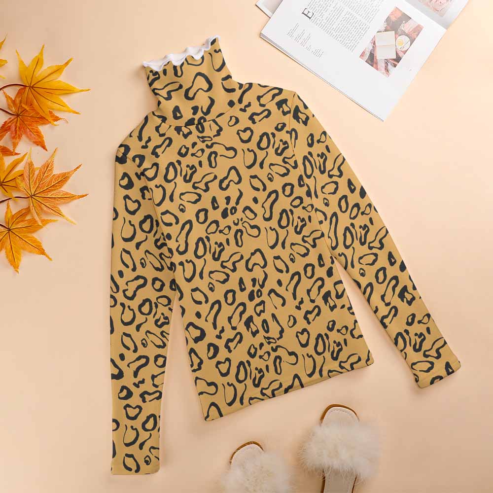 Women's leopard print long sleeve lapel sweater with white turtleneck, perfect winter wear.