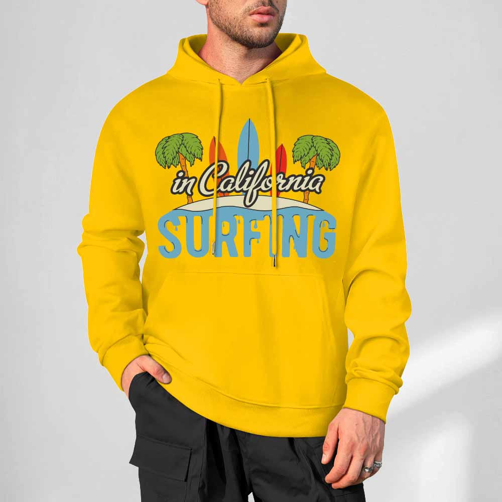 Yellow California Surfing hoodie, 100% cotton, loose fit, for daily wear.