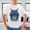 White cotton men's T-shirt with blue samurai skull design and "DEAD SET" text, ideal for leisure and events.