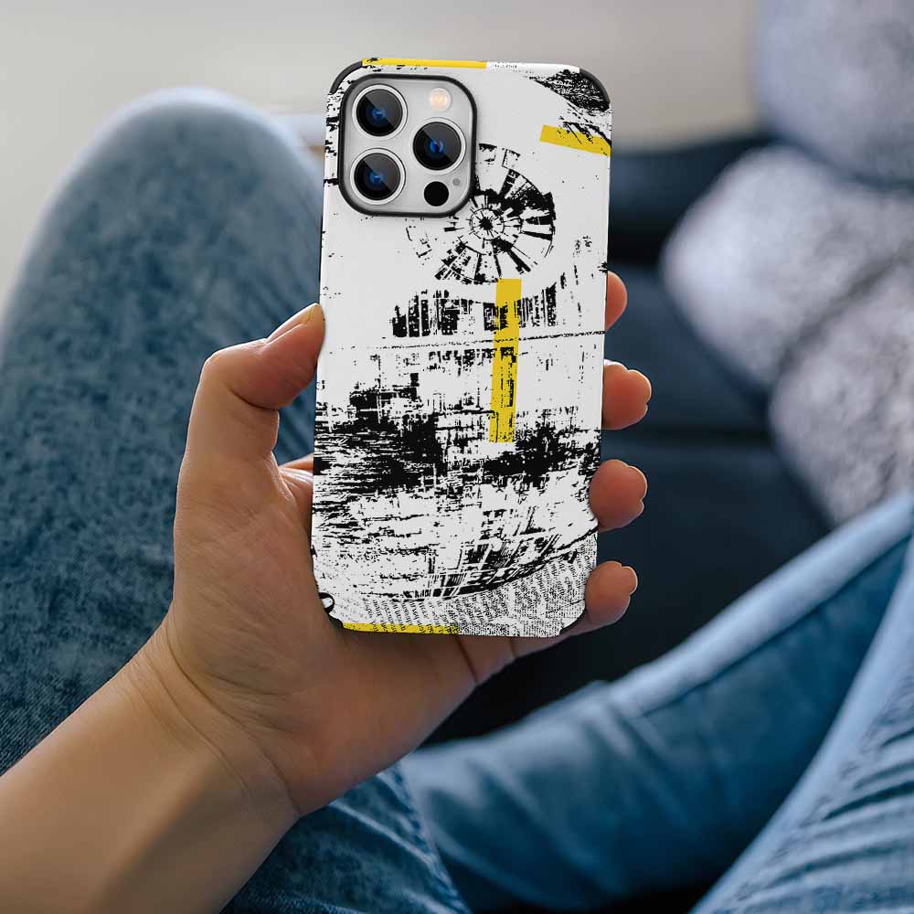 iPhone 13 Fiber Skin Case with abstract art design held by person, scratch-resistant protection and comfortable grip.