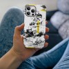 iPhone 13 Fiber Skin Case with abstract art design held by person, scratch-resistant protection and comfortable grip.