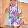 Floral print long suspender dress, adjustable straps, above-knee length, perfect for summer wear.