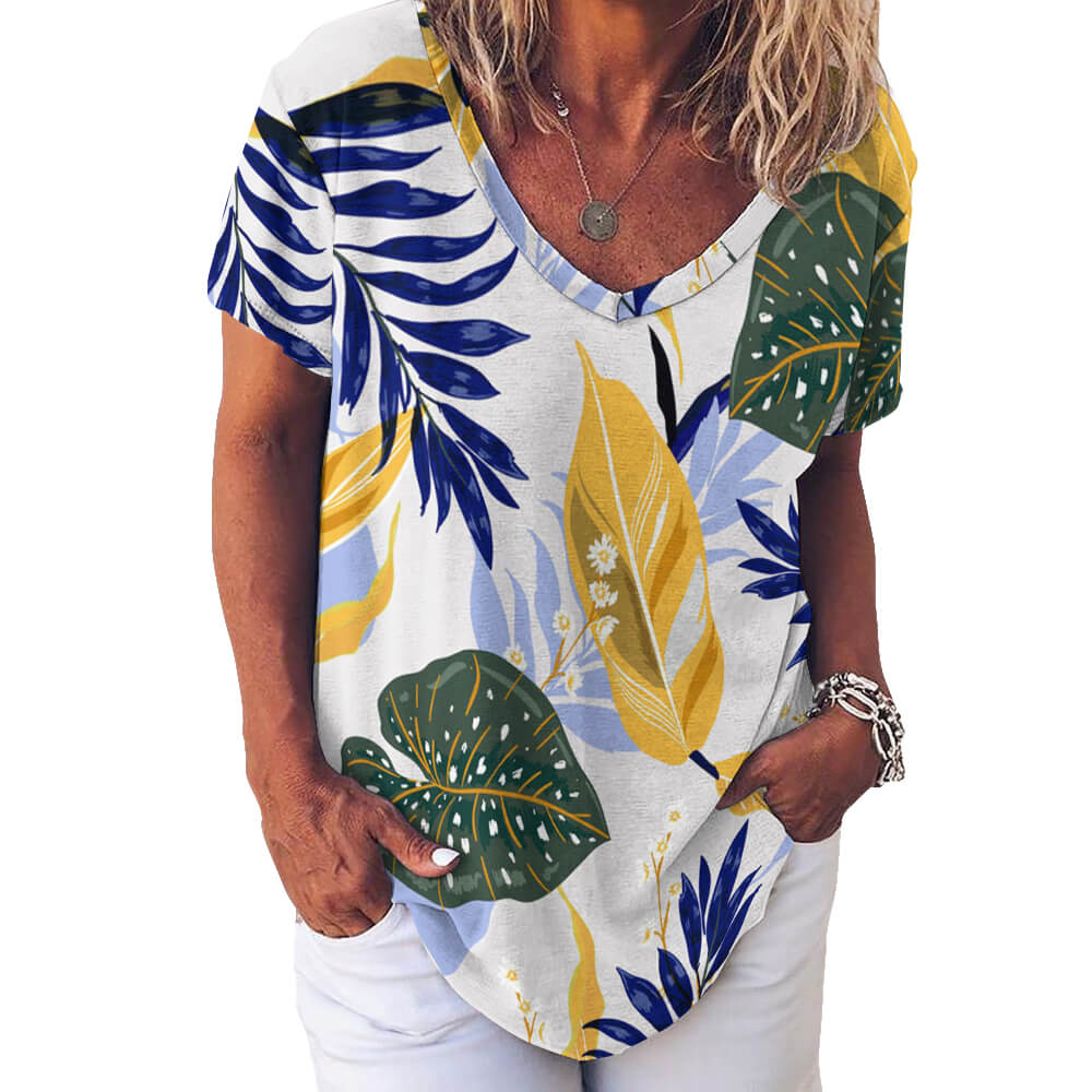 2024 New V Neck Short-sleeve Women Shirt Printed