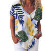 Women's V-neck short-sleeve shirt with leaf print, polyester and spandex blend, casual wear.