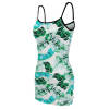 Women's slim hip wrap dress with spaghetti straps and tropical print, perfect for summer parties.
