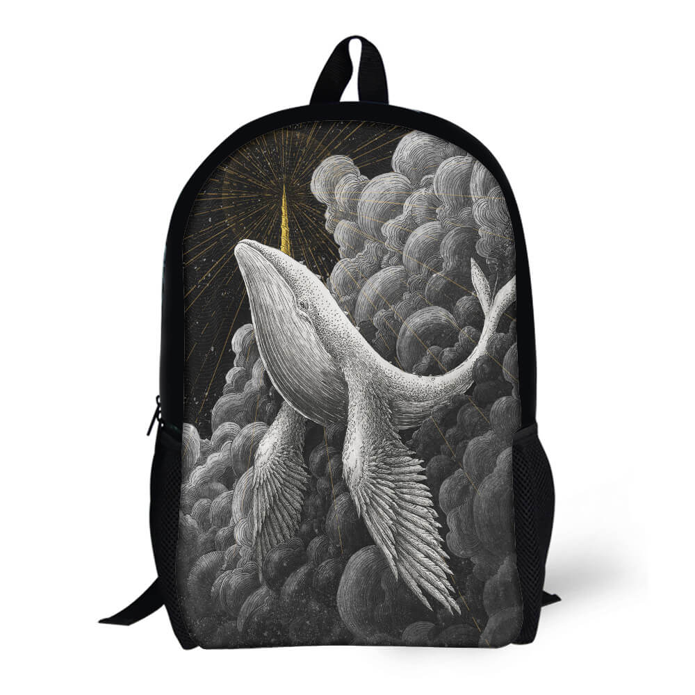 Black 17-inch Shoulder Backpack with Whale Design, 600D Polyester, durable and wrinkle-resistant.