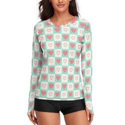 Women's Long Sleeve T-Shirt, lightweight material with checkered green and red heart pattern