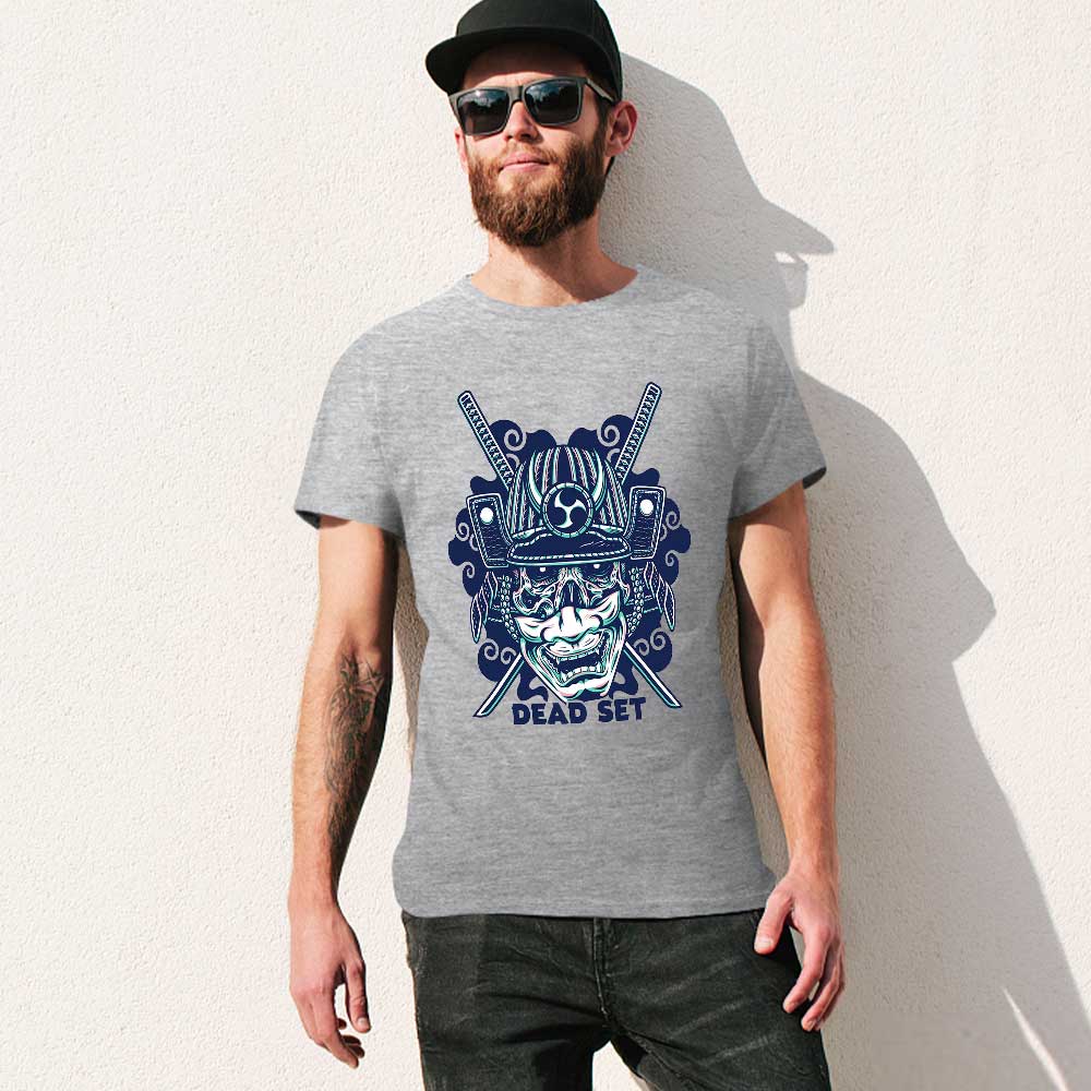 Grey cotton men's T-shirt with blue samurai skull design, perfect for events and leisure