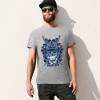 Grey cotton men's T-shirt with blue samurai skull design, perfect for events and leisure