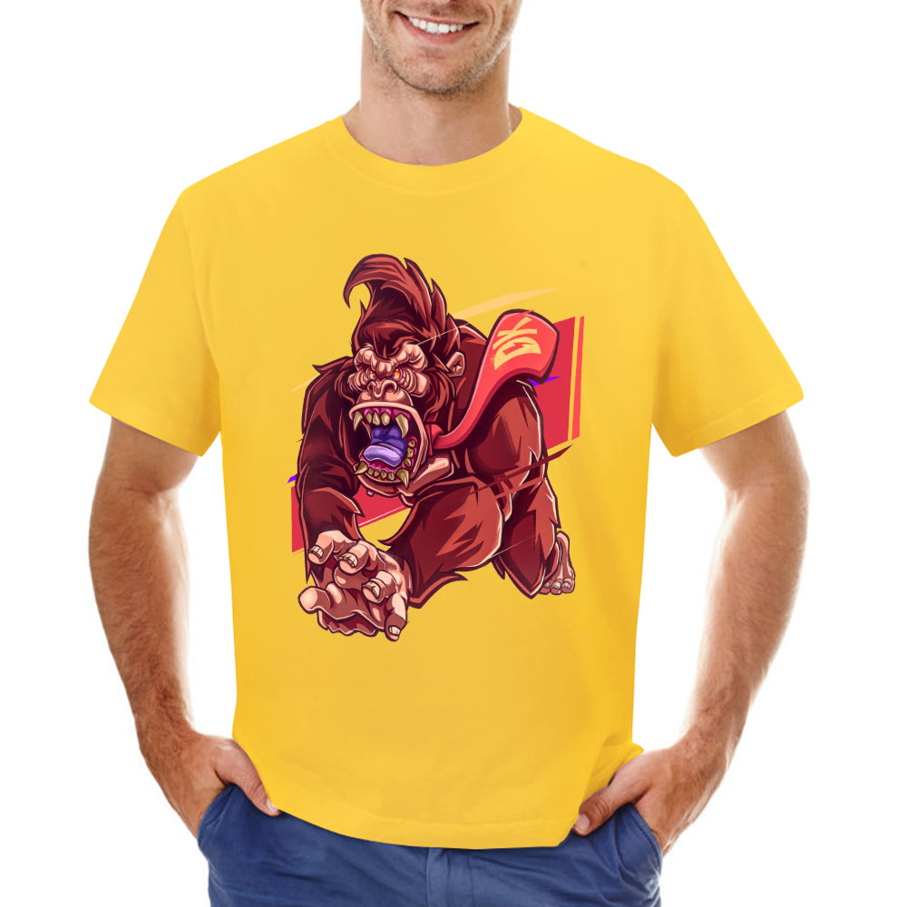 Yellow cotton men's t-shirt with a red monster graphic print by Inkedjoy