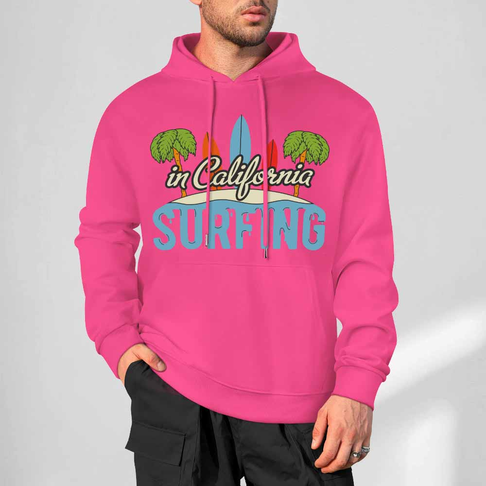 Hot pink 100% cotton California Surfing hoodie, loose fit, for daily wear