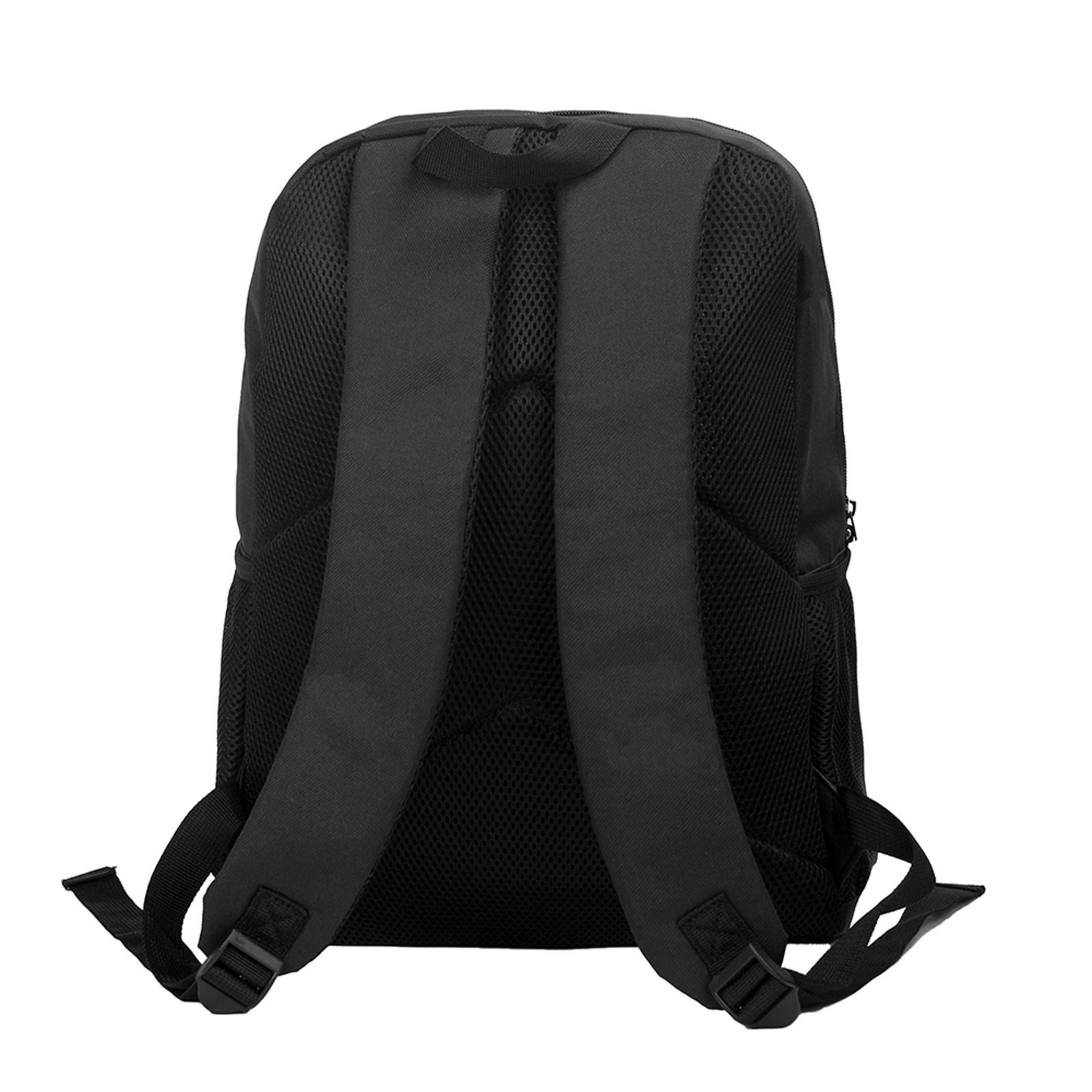 Black 17-inch Shoulder Backpack Back View - Mesh Panel and Adjustable Straps