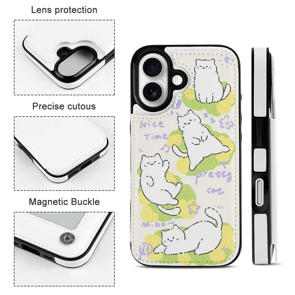 iPhone 16 case with cartoon cat design, card slot, shockproof and leather