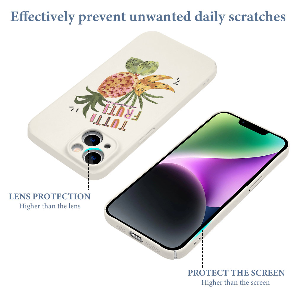 iPhone 14 case with a pineapple design, PC plastic, scratch-resistant, featuring precise cutouts and lens protection.