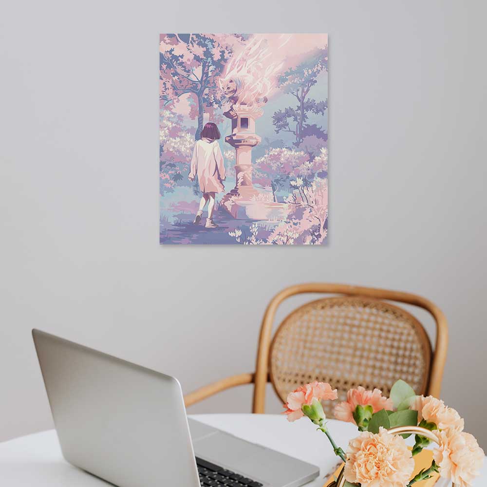 Canvas print of woman in pink coat, framed and hung on wall, home decor