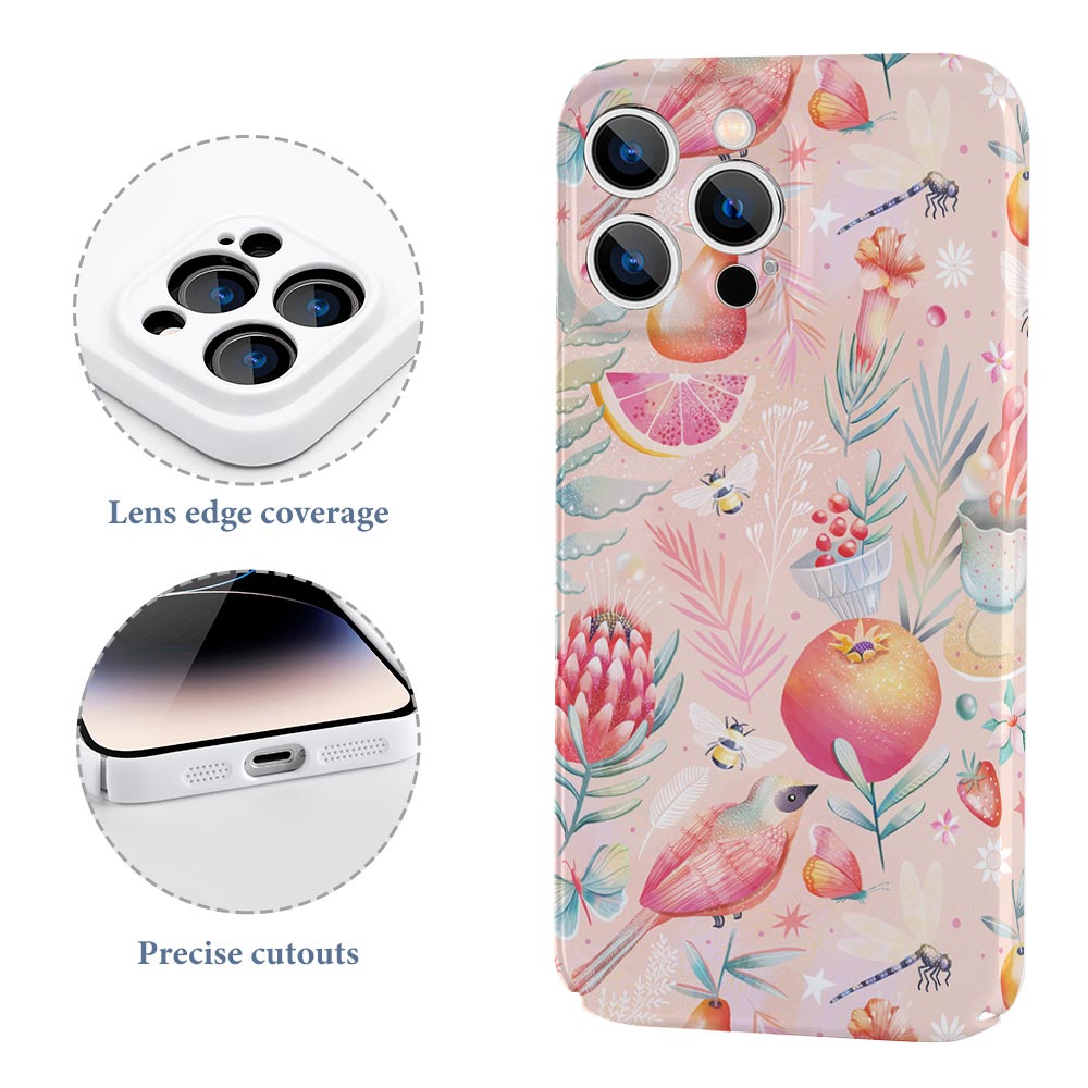 Floral iPhone 14 case with PC plastic, scratch-resistant, and precise cutouts. Features and details.