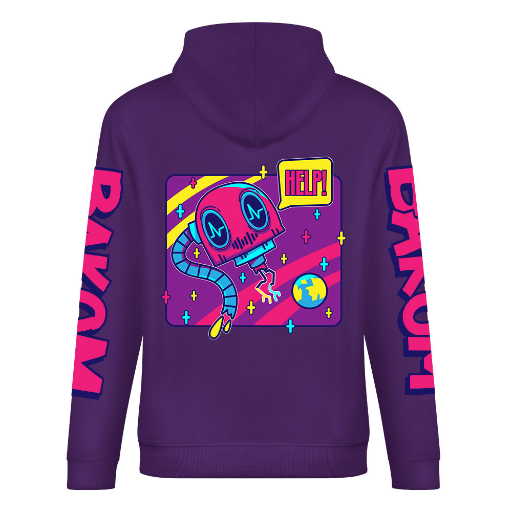 Purple cotton hoodie with FOREVER donut graphic, DAKUM and CHRONM sleeve prints, youth fashion style.