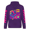 Purple cotton hoodie with FOREVER donut graphic, DAKUM and CHRONM sleeve prints, youth fashion style.